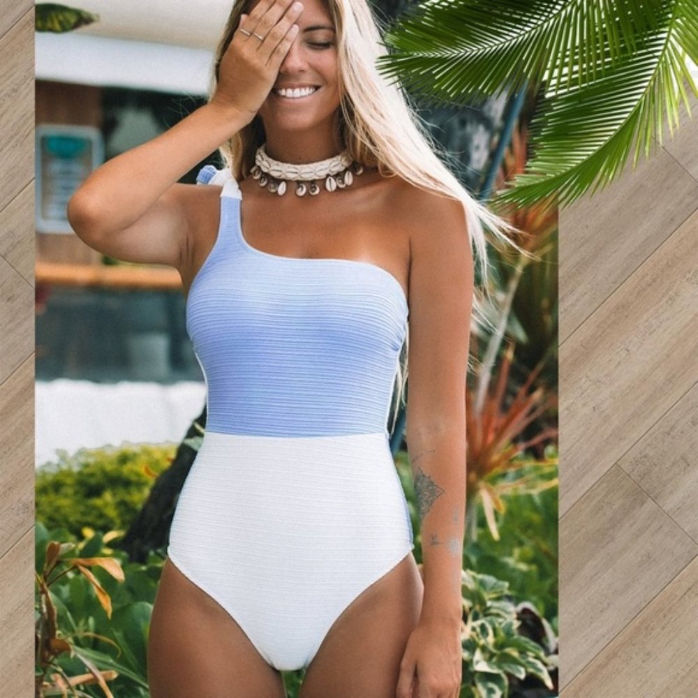 CUPSHE BLUE WHITE ONE SHOULDER CUT OUT SWIMSUIT